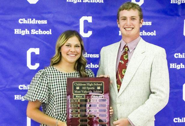 Cutter Bruce and Emma Jalomo are named the Childress High School All-Sport Most Valuable Athletes at the 2025-2026 Childress High School All-Sports Banquet Tuesday, May 18. CHILDRESS HIGH SCHOOL YEARBOOK