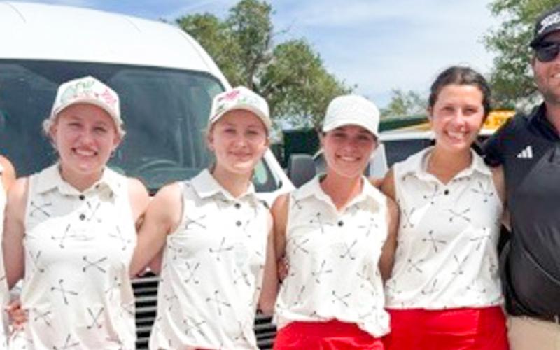 The Lady Skyrockets conclude competition at the UIL Region 1-2A Golf Tournament Thursday, April 16 at Palo Duro Creek Golf Course in Canyon. Led by an 18th-place finish by junior Maggie Tillman and a 22nd-place finish by junior Elli Ouellette, the Lady Rockets placed seventh overall in the team standings. From left: Anna Dwyer, Ouellette, Hartley Kane, Tillman, Brynlee Proffitt, Coach Klark Ashmore. WELLINGTON HIGH SCHOOL