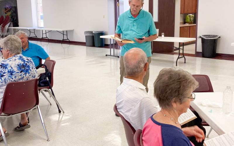 First Baptist Church (FBC) meets for the 55+ monthly luncheon Tuesday, May 12, welcoming 24 in attendance. Pastor Tim Medley offered the blessing, while Perry Foster led in the singing of “Heaven Came Down,” which was followed by a short devotional and upcoming church events. COURTESY PHOTO