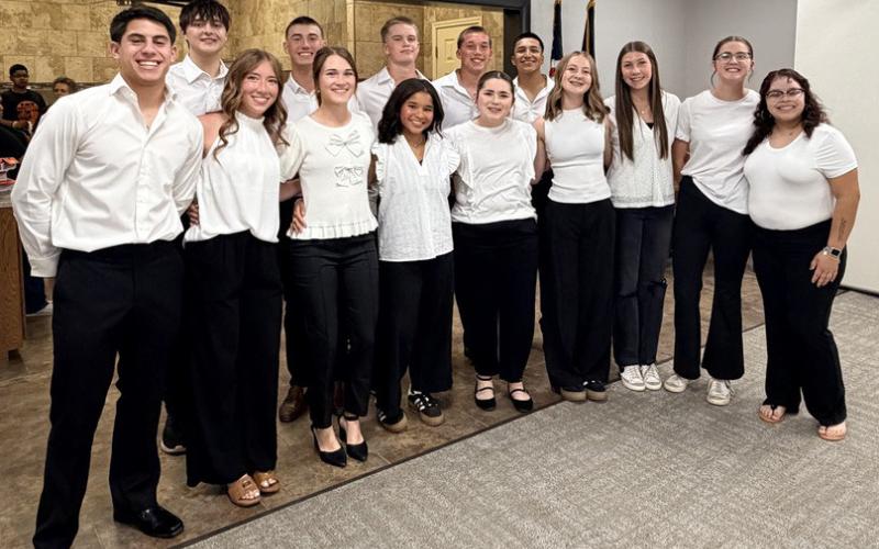 Wellington High School students graciously serve the steak dinner at the Court Appointed Special Advocates (CASA) of the Rolling Plains Gala on Saturday, May 2 at Wellington Community Center. Front row, from left: Noah Cantu, Bryn Phillips, Maggie Tillman, Demi Massey, Ava Peters, Hartley Kane, Anna Dwyer, Autumn Shatswell, Natalee Alvarado. Back row, from left: Dixon Dugan, Lawson Inman, Jax Heflin, Cix Killian, Alex Orozco. COURTESY PHOTO