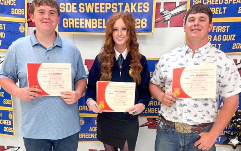 Earning prestigious Wellington Future Farmers (FFA) of America Lone Star Degrees are juniors Jace Darrow, left, Bailey Page and Hunter Hedrick. Additional students received an array of awards and recognitions during the event, celebrating the success, leadership and dedication of Wellington FFA members.