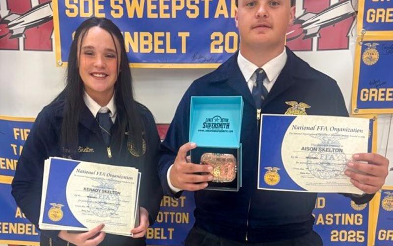 Senior Kenady Skelton receives recognition for being a Wellington Future Farmers of America Scholarship recipient, and her brother, sophomore Aison Skelton, accepts accolades for earning first place in the welding competition.