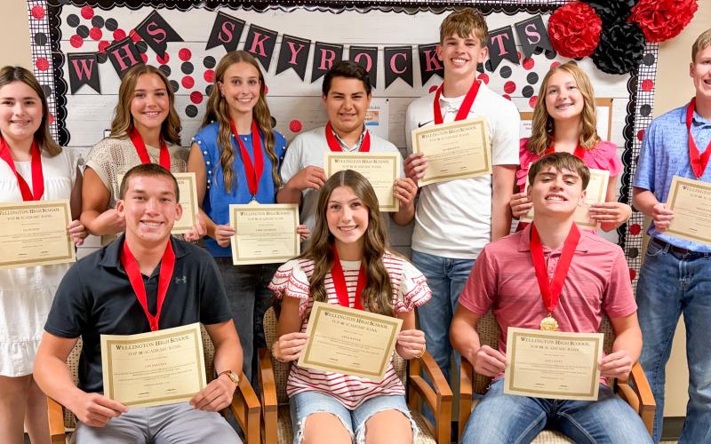 Freshman students earn Top 10 awards at the Wellington High School (WHS) Awards Assembly at 3 p.m. Monday, May 11 at the WHS auditorium. Front row, from left: Cix Killian, third; Anna Dwyer, first; Jax Cantu, second. Back row, from left: Ava Peters, fourth; Gannon Guy, fifth; Libby Chandler, sixth; Elvis Jaimes, seventh; Damon Keys, eighth; Hartley Kane, ninth; Miles Ouellette, 10th.