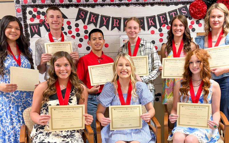 Junior students garner Top 10 distinctions. Front row, from left: Ceighley Killian, first; Elli Ouellette, second; Ingrid Granadoz, third (not pictured); Bailey Page, fourth. Back row, from left: Kaycee Martinez, fifth; Carter Ouellette, sixth; Dahmian Salinas, seventh; Chloe Klassen, eighth; Maggie Tillman, ninth; Ellie Thomas, 10th.