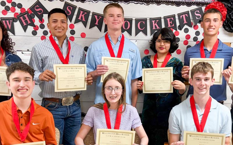 Sophomore students accept Top 10 accolades. Front row, from left: Jaxon Collins, first; Natalee Hudson, second; Kyler Keys, third. Back row, from left: Natalee Alvarado, fourth; Leo Granadoz, fifth (not pictured); Alex Orozco, sixth; Jax Heflin, seventh; Anali Cortez, eighth; Lawson Inman, ninth; Kambrie Fisher, 10th.