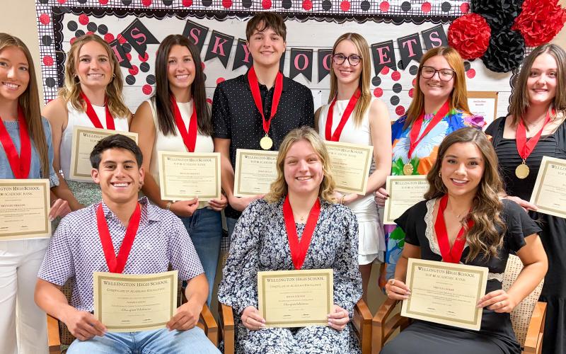 Senior students receive Top 10 honors. Front row, from left: Noah Cantu, first; Rylyn Colson, second; Treylea Wiebe, third. Back row, from left: Brynlee Phillips, fourth; Oakley Folk, fifth; Brynlee Proffitt, sixth; Dixon Dugan, seventh; Charlee Bodine, eighth; Jacy Lampe, ninth; Bailey Stegall, 10th. Additionally, Cantu, Colson, Wiebe and Phillips garnered the UIL Scholar Award. BEV ODOM/THE GREENBELT INTREPID