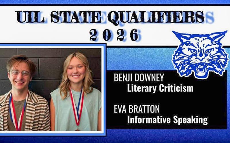 Competing at the 3A Region 1 Academic UIL meet, Eva Bratton and Benjamin Downey punched their ticket to the upcoming UIL Academic State Meet, placing within the top three of their respective events Friday, April 24. Bratton, who competed in Informative Speaking, finished third, as well as Downey, who competed in Literary Criticism. COURTESY PHOTO