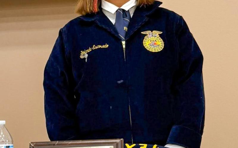 Memphis High School Future Farmers of America (FFA) members attend the Greenbelt District FFA Banquet, where the second-place Homesite, Land and Wildlife Judging teams were recognized, as well as the chapter received the first-place Career Development Events (CDE) Sweepstakes banner. Additionally, Lillie Ollinger retired from her position as the Greenbelt District Reporter, and Yolanda Escovedo was elected as the Greenbelt District Sentinel. MEMPHIS ISD