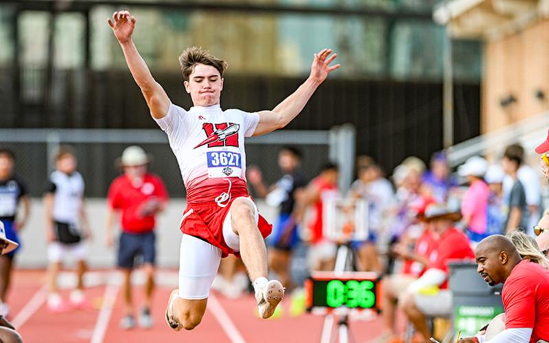 Also competing for the Rockets, Jimmy “Jax” Cantu takes eighth in the Men’s 2A Long Jump at the UIL Texas State Track and Field Championships Saturday, May 16 at The University of Texas at Austin, securing a jump of 21-01.75. MICAH MCCARTNEY/THE GREENBELT INTREPID