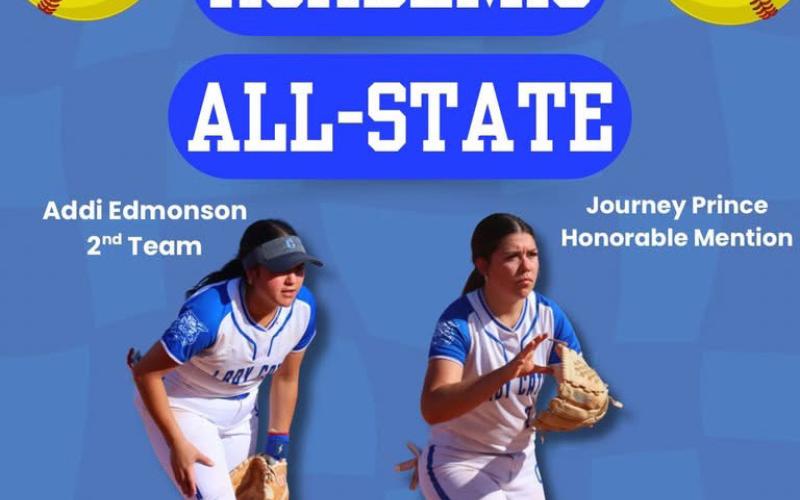 Childress Lady Cats Addi Edmondson, second-team selection, and Journey Prince, Honorable Mention, are selected to the Texas High School Coaches Association Academic All-State softball teams. To be nominated for Academic All-State, a student must be an athlete, student trainer or manager in good standing with the team; of good moral character; a senior; and have an overall grade point average of 92 or above. CHILDRESS BOBCAT BOOSTERS