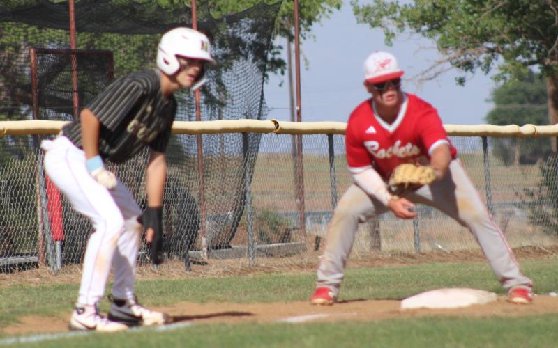 Wellington’s Hunter Hedrick guards the base as the Skyrockets defeat the Memphis Cyclones in a 10-0 shutout Friday, April 24. SHAUNA SALINAS/THE GREENBELT INTREPID
