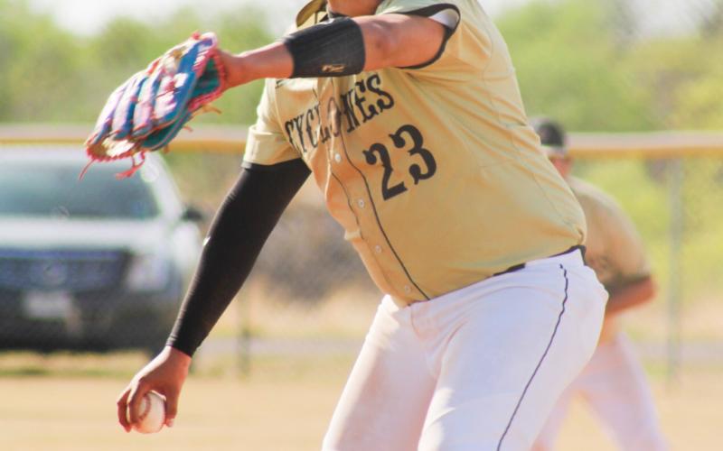 Memphis’ Armando Saenz helps lead the Cyclones to a 14-5 win over Wellington Tuesday, April 7. The Red River Sun/Shauna Salinas