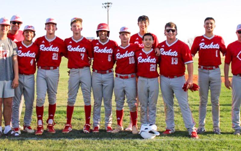 The Wellington Skyrockets open district with a 16-6 win over the Quanah Indians Tuesday, March 24 in Wellington. From left: Lawson Inman, Assistant Coach Greg Proffitt, Trevyn Wiebe, Cix Killian, Jax Heflin, Alex Orozco, Colton Jernigan, Leo Granadoz, Dahmian Salinas, Hunter Hedrick, Major Brown, Coach Jeff Anderson The Red River Sun/Shauna Salinas