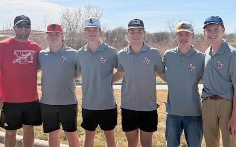 The Wellington Skyrocket golf team tees off the 2026 season in championship fashion Tuesday, Feb. 24 at the Amarillo Highland Park Invitational, capturing the first-place team title. Individually, Carter Ouellette delivered a remarkable round of 71, earning him the first-place individual medal and leading the Rockets to victory. From left: Coach Klark Ashmore, Hunter Hedrick, Jax Heflin, Gunner Guy, Miles Ouellette and C. Ouellette. Wellington High School
