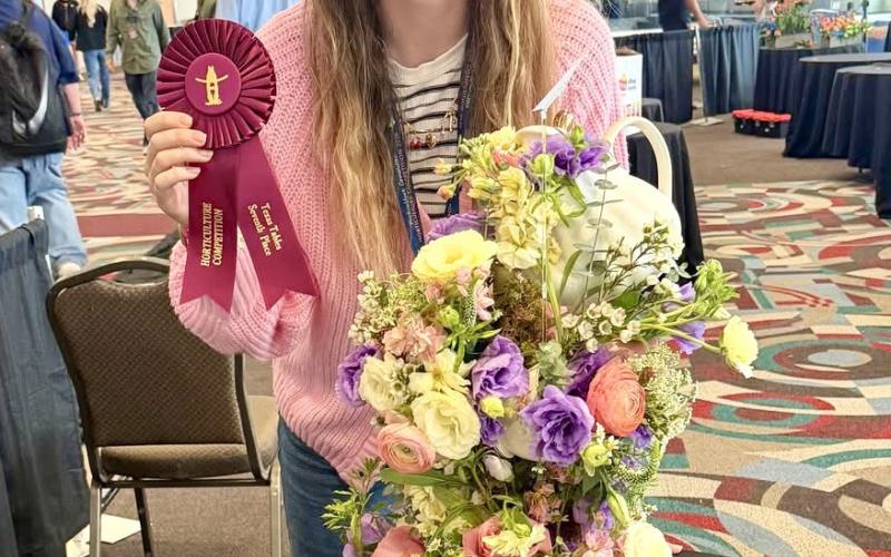 Childress High School Future Farmers of America (FFA) floriculture student Avery Keys competes at the Houston Livestock Show and Rodeo’s Horticulture Competition, where she took a seventh-place finish in Texas Tables. Childress FFA