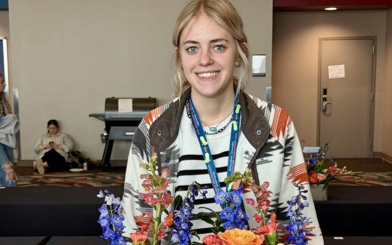 Childress’ Keely Mock competes in the Rodeo Cup at the Houston Livestock Show and Rodeo Horticulture Competition, undergoing two rounds of timed, on-site design to create a piece using snapdragons, roses, delphiniums, craspedias and more. “Think of the TV show ‘Chopped’ but flowers,” Childress High School agriculture teacher Saydee Jo Finch said. “She created a beautiful arrangement.