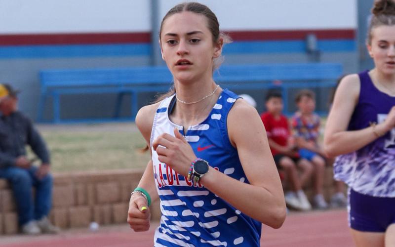 Childress’ Selah Smith surpasses Talkington’s Mabel Roller at the Bobcat Relays, where she earned golds in the 800-, 1,600- and 3,200-meter races Thursday, March 5 in Childress. Childress High School Yearbook