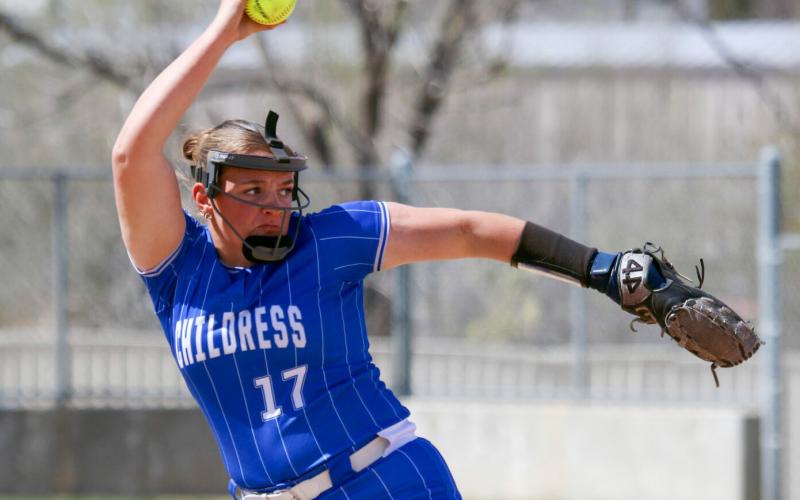 Childress’ Ansley Parr strikes out 13 hitters in the Lady Cats’ 11-1 victory over River Road Friday, March 20 in Amarillo. Press Pass Sports/Tyler Anderson