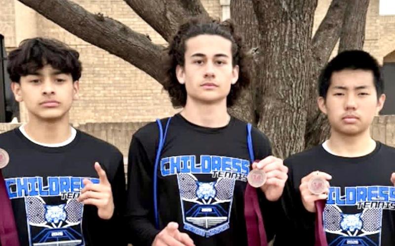 Competing in the Vernon Tournament Wednesday, March 4, the team of Ivan Garcia and Henry Tang took the doubles consolation, while Afton Tipa finished third in singles. From left: Garcia, Tipa, Tang. Childress Bobcat Boosters