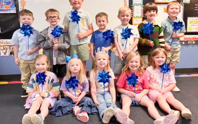Provided by the Collingsworth County Child Welfare Board, supporting Child Protective Services (CPS), each Wellington Elementary School student received a blue pinwheel, displayed by pre-kindergarten classmates. Wellington Elementary School