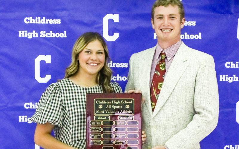 Cutter Bruce and Emma Jalomo are named the Childress High School All-Sport Most Valuable Athletes at the 2025-2026 Childress High School All-Sports Banquet Tuesday, May 18. CHILDRESS HIGH SCHOOL YEARBOOK