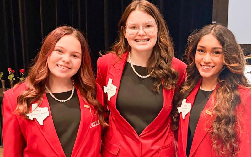 Region I Family, Career and Community Leaders of America (FCCLA) Officers, from left, Emma Britten, Vice President of Projects, Zoe Detwiler, Vice President of Parliamentary Law, and Inani Bhoja, Vice President of Programs, close out their terms at the Region I Leadership Conference. While Britten plans to return to the competition floor next year, Bhoja will serve as a Texas State Officer, and Detwiler will serve as the Region I Vice President of Public Relations.