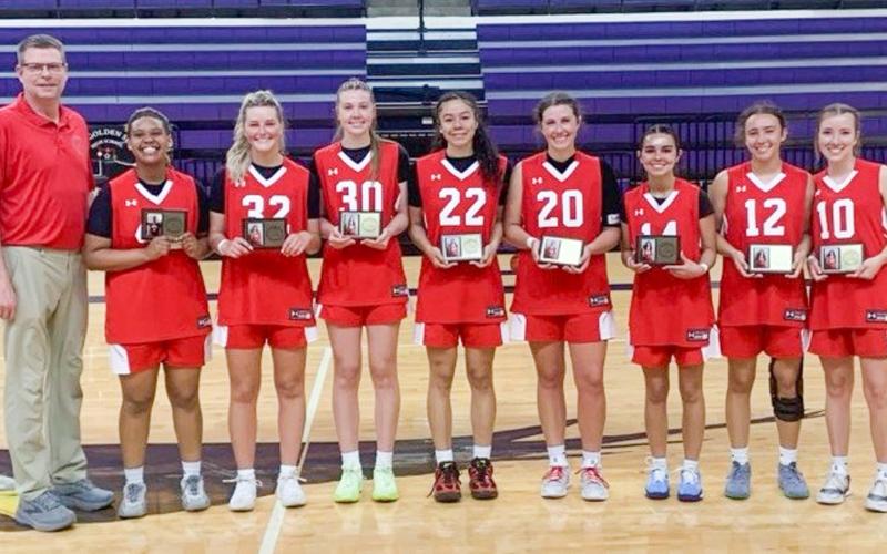 Bryn Phillips, right, and Brynlee Proffitt, fourth from right, play on the North team in last week’s all-star games in Canyon.