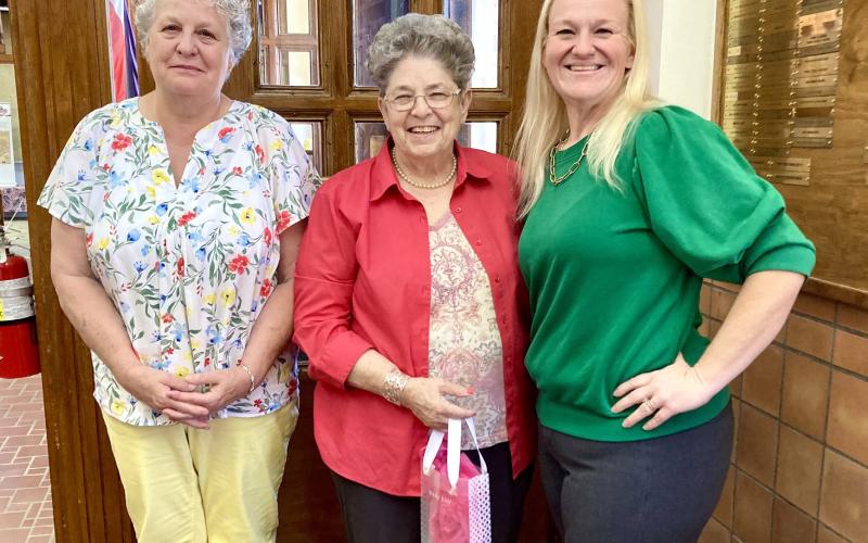 Modern Home Club hostesses Diane Clifton, center, and Millie Spencer, left, welcome guest speaker Andrea Grayson Holter, a Director of Food Safety and Quality Assurance at John Soules Foods, Thursday, April 16 at the Childress County Heritage Museum. COURTESY PHOTO