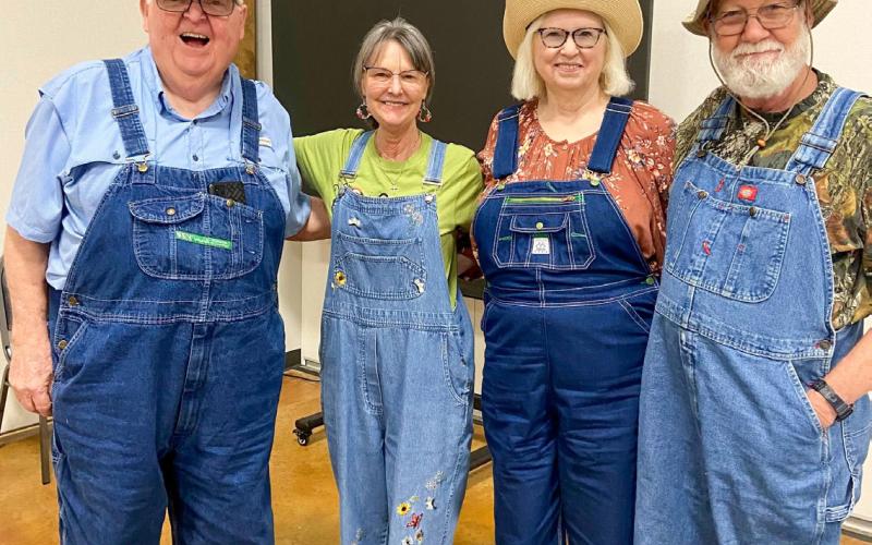 Attired in plant swapping overalls, Wellington seniors gather for a fun evening of a “Plant Swap and Bingo.” Several brought plants, cuttings or bulbs for the optional plant swap during the recent social. From left: Jerry Haralson, Dawn Dockter, Karon Sain and Oran Sain.