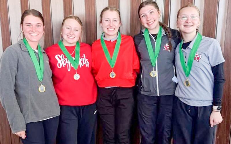 The Lady Rocket golf team garners second place at the Amarillo Highland Park Invitational on Monday, Feb. 23 where Allie Duncan finished as a top three individual. From left: Maggie Tillman, Duncan, Elli Ouellette, Anna Dwyer, Hartley Kane. Wellington High School
