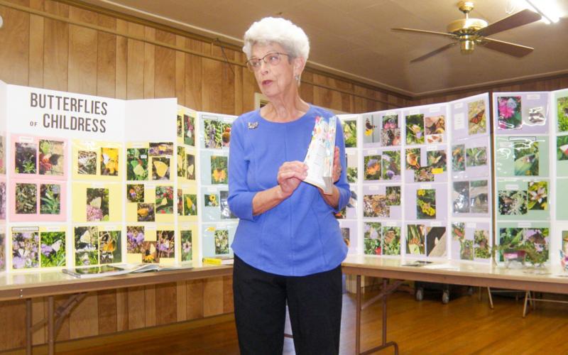 Edie Johnson, coined the “Butterfly Lady” of Childress, presented a program to Delta Kappa Gamma on butterflies that visit Childress, including her Noth American Butterfly Association Certified Butterfly Garden in southeast Childress. She frequently referred to her butterfly display—photos of butterflies she created on sets of triptych panels. Johnson gave a complete list of items to attract butterflies, as well as one item to never include—“no insecticides, ever,” she said. Grace Holman