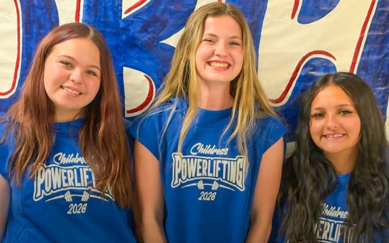 Regional qualifiers Emma Britten, Piper Timmons and Thalia Martinez compete at the Region 1 Division 3 Regional Championships Saturday, March 7 in Big Lake, where the trio secured new personal records. Childress Bobcat Boosters