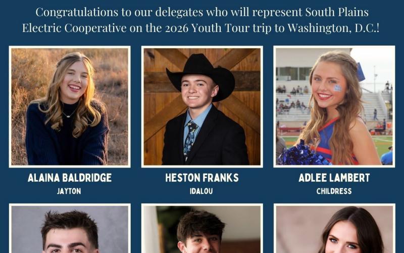 Childress High School’s Adlee Lambert recently won the annual South Plains Electric Youth Tour contest, which includes a $1,500 scholarship and an all-expense-paid trip to Washington, D.C. South Plains Electric Cooperative