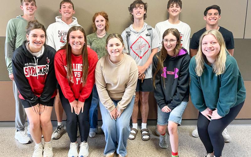 Twelve Wellington High School students advance to the UIL Regional Academic Meet, following the UIL District Academic Meet Wednesday, March 15 in Clarendon. Front row, from left: Treylea Wiebe, Ceighley Killian, Ava Peters, Natalee Hudson, Rylyn Colson. Back row, from left: Damon Keys, Cix Killian, Bailey Page, Lawson Inman, Dixon Dugan, Noah Cantu. Not pictured: Anna Needham. Wellington High School