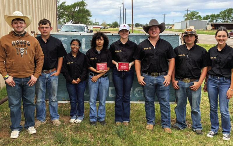 Memphis High School Future Farmers of America (FFA) members medal at the recent Salt Fork Soil and Water Conservation District Contest Friday, April 3 in Wellington. The team of Jordyn Altman, Payton Fletcher, Ruston Murphy and Lillie Ollinger placed second in Land Judging, while the team of Vanessa Castillo, Jasmyne Gilchrest, Ricky Murphy and Bradley Richardson placed third in Homesite Evaluation. Memphis ISD