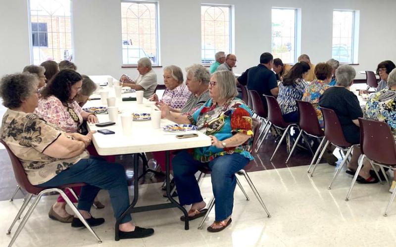 The First Baptist Church (FBC) 55+ luncheon meets Tuesday, April 14 in the Fellowship Hall, welcoming a crowd of 25. Meal and fellowship were followed by a word from FBC Pastor Tim Medley. Those planning on attending the upcoming Springtime Jubilee Conference were given the itinerary. There will be 15 senior adults making the trip, along with Medley. COURTESY PHOTO