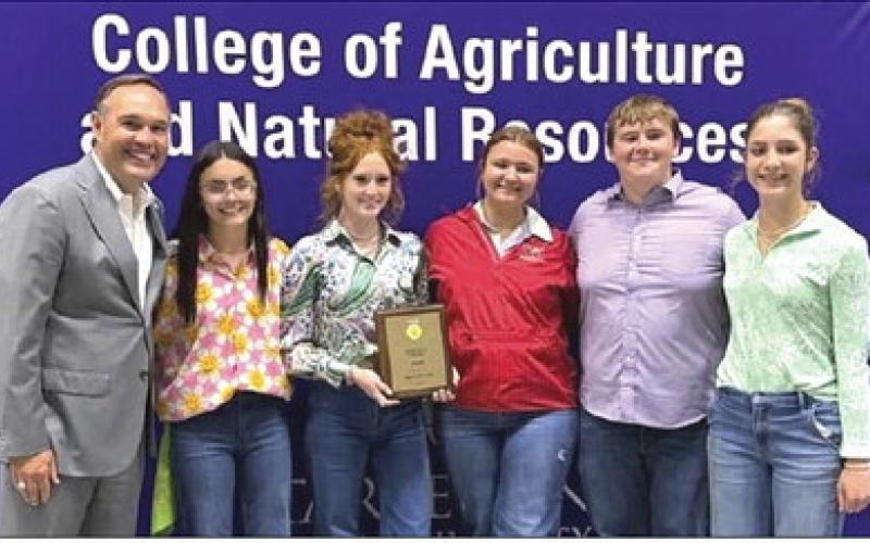 Wellington Future Farmers of America (FFA) Land Judging qualifies for the state Land Judging contest Wednesday, April 8 at the Area 1 Judging Contest at Tarleton State University (TSU) in Stephenville. From left: TSU President, Dr. James L. Hurley; Sophia Derr, second high individual; Bailey Page, sixth high individual; Jacy Lampe; Jace Darrow; Anna Henard. COURTESY PHOTO