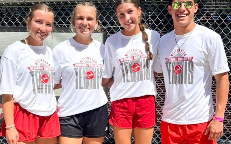 The girls’ doubles team of cousins Bryn Phillips and Oakley Folk and the mixed doubles team of Anna Dwyer and Noah Cantu compete at the UIL Region 1 Tournament Monday, April 20 in Amarillo. COURTESY PHOTO