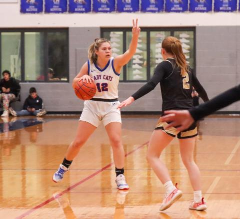 Childress’ Emma Jalomo calls a play during the Lady Cat’s 54-49 loss to the Bushland Lady Falcons Tuesday, Jan. 13 in Childress. Unable to break their losing streak, the Lady Cats also fell to the Dalhart Lady Wolves in a 65-38 heartbreak Friday, Jan. 16 in Dalhart, upping their total to eight consecutive losses. Also in a rough patch, the Childress Bobcats came up short against Dalhart in a 65-46 district opener Friday, Jan. 16, securing their fourth consecutive loss. Childress High School Yearbook