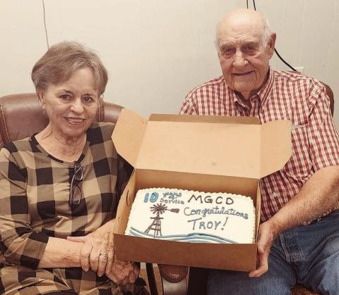 Mesquite Groundwater Conservation District (MGCD) celebrates Troy Thomason’s 10 years of service, with his wife, Kay, at its September board meeting. Hired in 2013, Thomason has checked rain gauges, measured well water levels and recorded flowmeter data. “His knowledge of the county and landowners has truly been invaluable to the district,” said MGCD General Manager Whitney Wiebe. “He has worked to help define and create several of the data collection points across the district.” Courtesy Photo