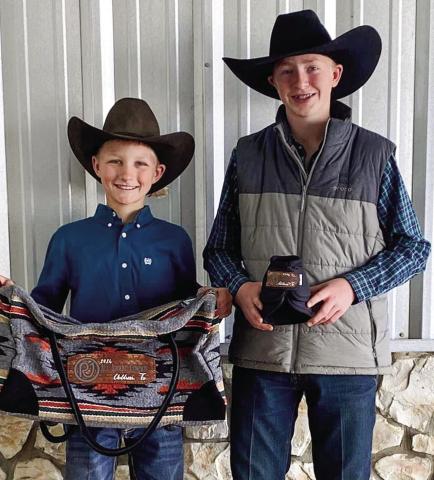 Sterling Bruce, right, of Childress, as well as Cye Franzen, of Morse, take Junior High School All-Around Cowboy at the Tri-State Region 1 Rodeo, hosted by Canadian Rodeo Club, Saturday, March 23 and Sunday, March 24 at the Mashburn Event Center in Childress. Photos Courtesy of Tri-State Region 1 Rodeo Association