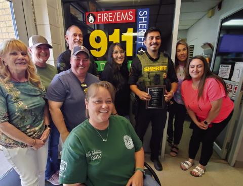 The Hall County Sheriff’s Office, including Hall County Sheriff Tom Heck, bids Hall County Sheriff’s Deputy Sergio “Baby Serg” Romero “goodbye,” bestowing him with an Appreciation Award, as he prepares to attend the Texas Department of Safety (DPS) Training Academy. Courtesy Photo
