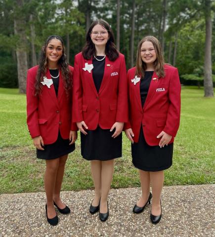 Childress High School Family, Career and Community Leaders of America Chapter Members, including Region I Vice President of Programs Inani Bhoja, Region I Vice President of Parliamentary Law Zoe Detwiler and Region I Vice President of Projects Emma Britten, recently attended Region and State Officer Leadership Training Sunday, June 8-Friday, June 13 at Camp Allen in Navasota. Childress FCCLA