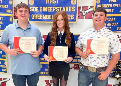 Earning prestigious Wellington Future Farmers (FFA) of America Lone Star Degrees are juniors Jace Darrow, left, Bailey Page and Hunter Hedrick. Additional students received an array of awards and recognitions during the event, celebrating the success, leadership and dedication of Wellington FFA members.