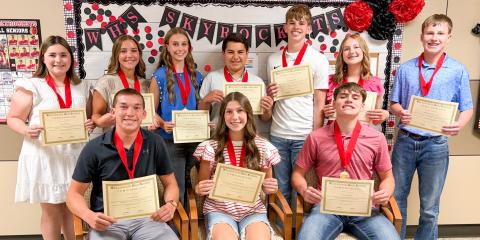 Freshman students earn Top 10 awards at the Wellington High School (WHS) Awards Assembly at 3 p.m. Monday, May 11 at the WHS auditorium. Front row, from left: Cix Killian, third; Anna Dwyer, first; Jax Cantu, second. Back row, from left: Ava Peters, fourth; Gannon Guy, fifth; Libby Chandler, sixth; Elvis Jaimes, seventh; Damon Keys, eighth; Hartley Kane, ninth; Miles Ouellette, 10th.
