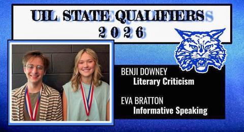 Competing at the 3A Region 1 Academic UIL meet, Eva Bratton and Benjamin Downey punched their ticket to the upcoming UIL Academic State Meet, placing within the top three of their respective events Friday, April 24. Bratton, who competed in Informative Speaking, finished third, as well as Downey, who competed in Literary Criticism. COURTESY PHOTO