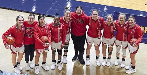 The Lady Rockets make a big comeback to defeat Little River Academy by a final score of 25-20 on Friday, Dec. 30, finishing the Brownwood Tournament with a 3-2 record. From left: Kaitlin Bawcom, Charley Wilbur, Abby Garcia, Asia Shrubs, Audrey Jones, Kali Brewer, Briley Waters, Harlee Gomez, Presley Kane, Brynlee Proffitt. Coach Cade Brown and Coach Skylar Warrick guide the Lady Rockets. Not pictured is Leslie Orozco. Courtesy Photo