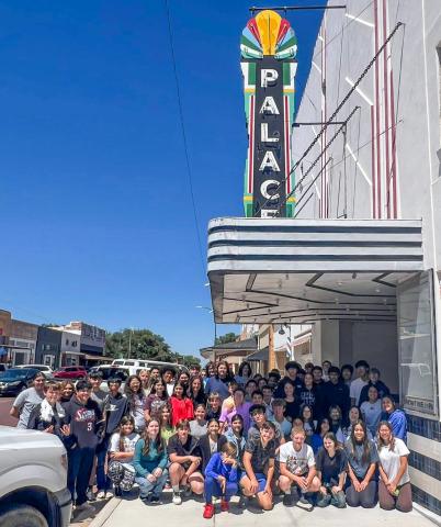 Childress Junior High School (CJHS) eighth-grade students, accompanied by CJHS educator Lee Chappell, visit the historic Palace Theater Tuesday, May 12. “It is always a blessing for the eighth-grade kids to come to the palace,” Childress Theater Company President Shelly Preston said. “Thank you, Lee Chappell, for making it happen and making a donation to the Palace Theater.” PALACE THEATER