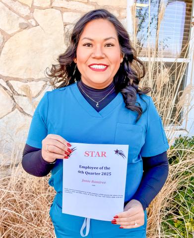 Janie Ramirez, Licensed Vocational Nurse, accepts the STAR (Service, Teamwork, Attitude and Results) distinction for the fourth quarter of 2025 for her dedication to supporting both patients and coworkers Collingsworth General Hospital