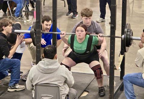 Childress’ Emma Britten competes at the Lockney Invitational Monday, Jan. 19 at the Floyd County Unity Center, opening the 2026 season. Childress Lady Cat and Bobcat Sports